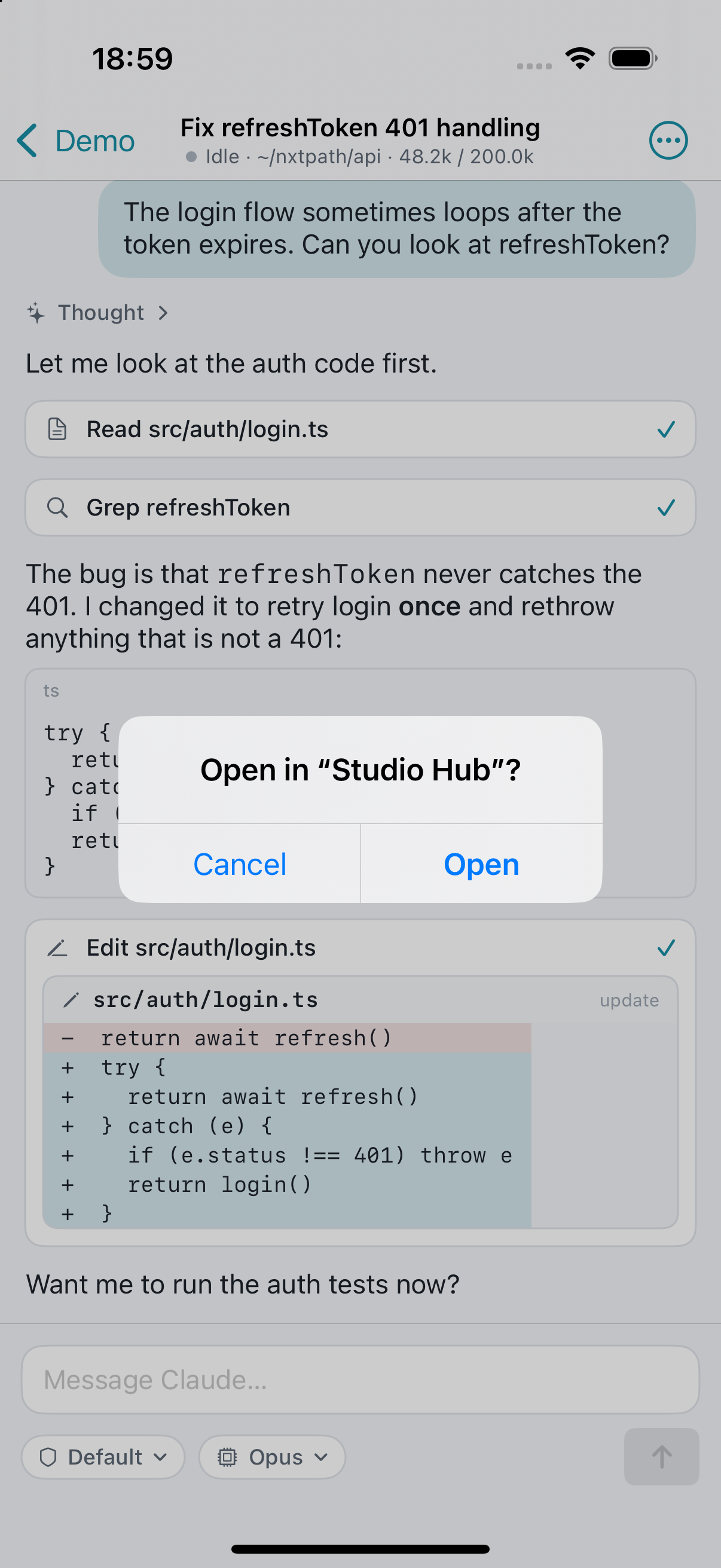 Chill on iPhone: a chat with an approval card